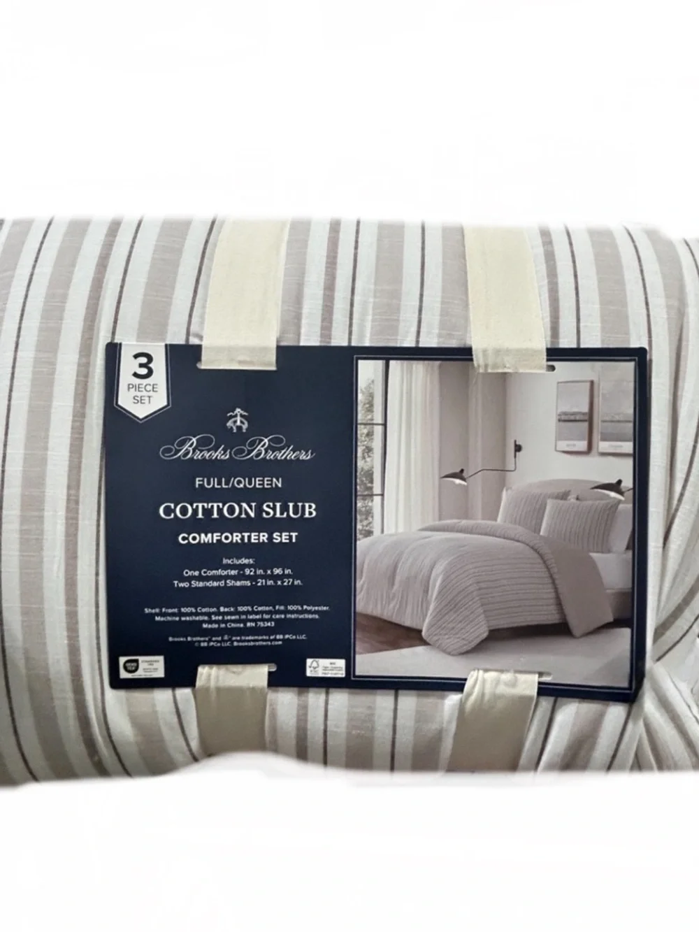 Brooks Brothers Tan and White Striped Cotton Slub Queen Comforter Set 90”x90”